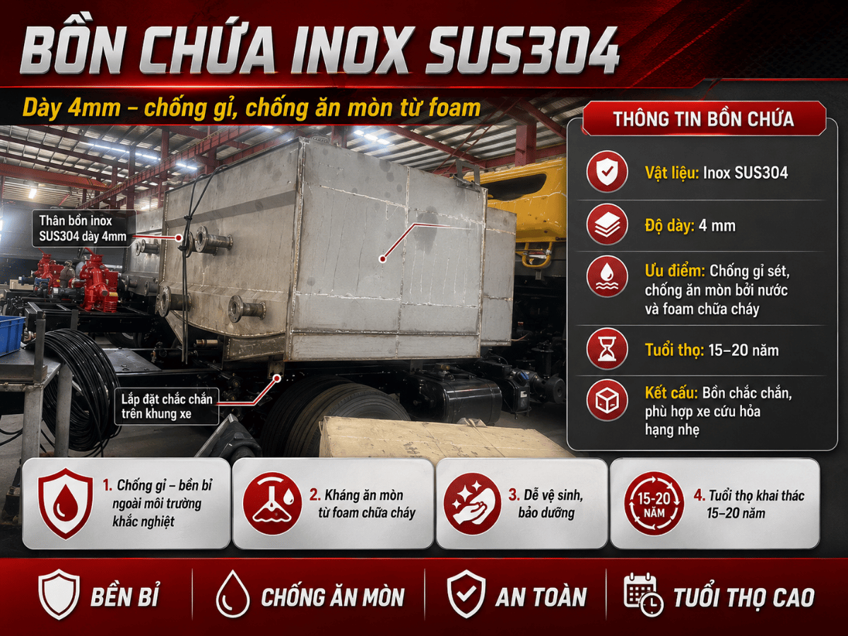cận cảnh bồn Inox SUS304 dày 4mm xe cứu hỏa Dongfeng 2.5 khối