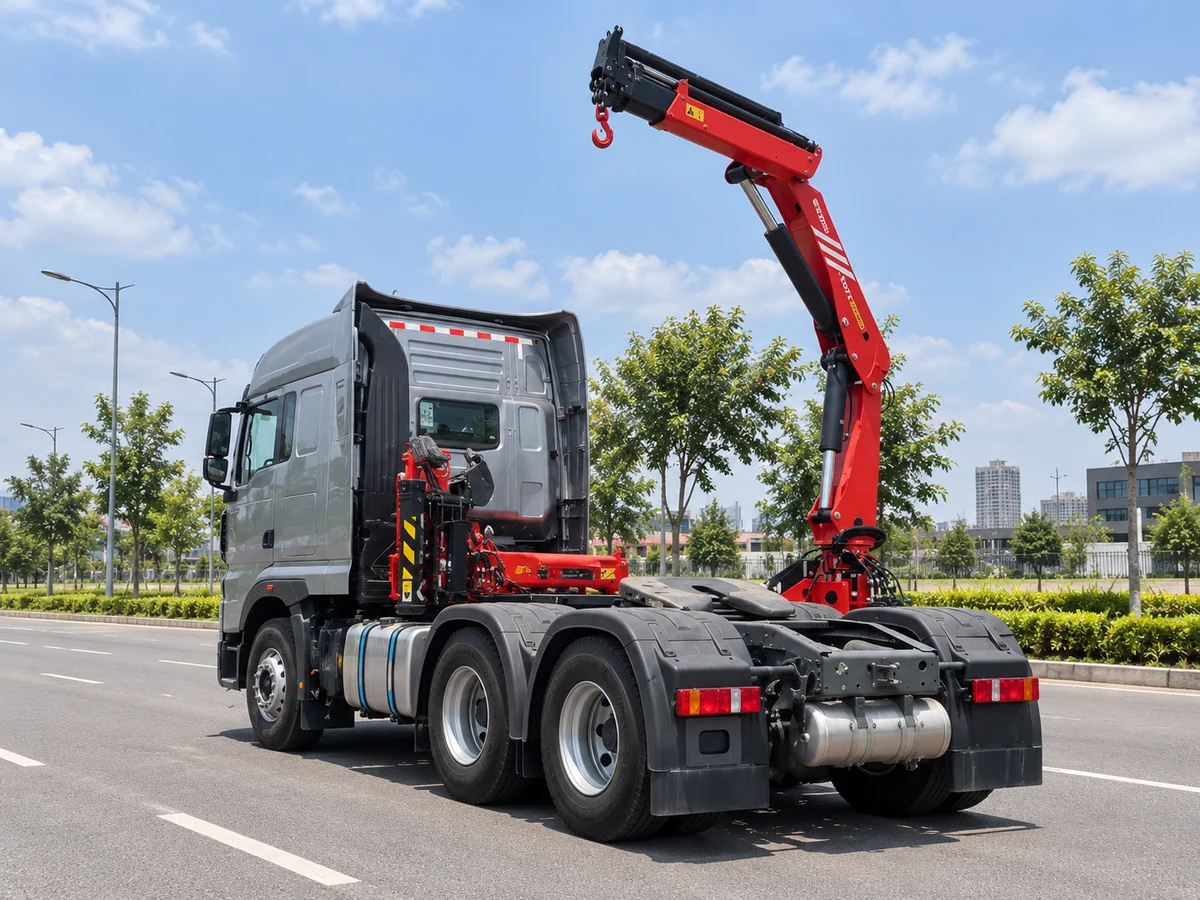 Cẩu gập khúc trên xe đầu kéo đang vươn cần lên cao, móc cẩu thả xuống