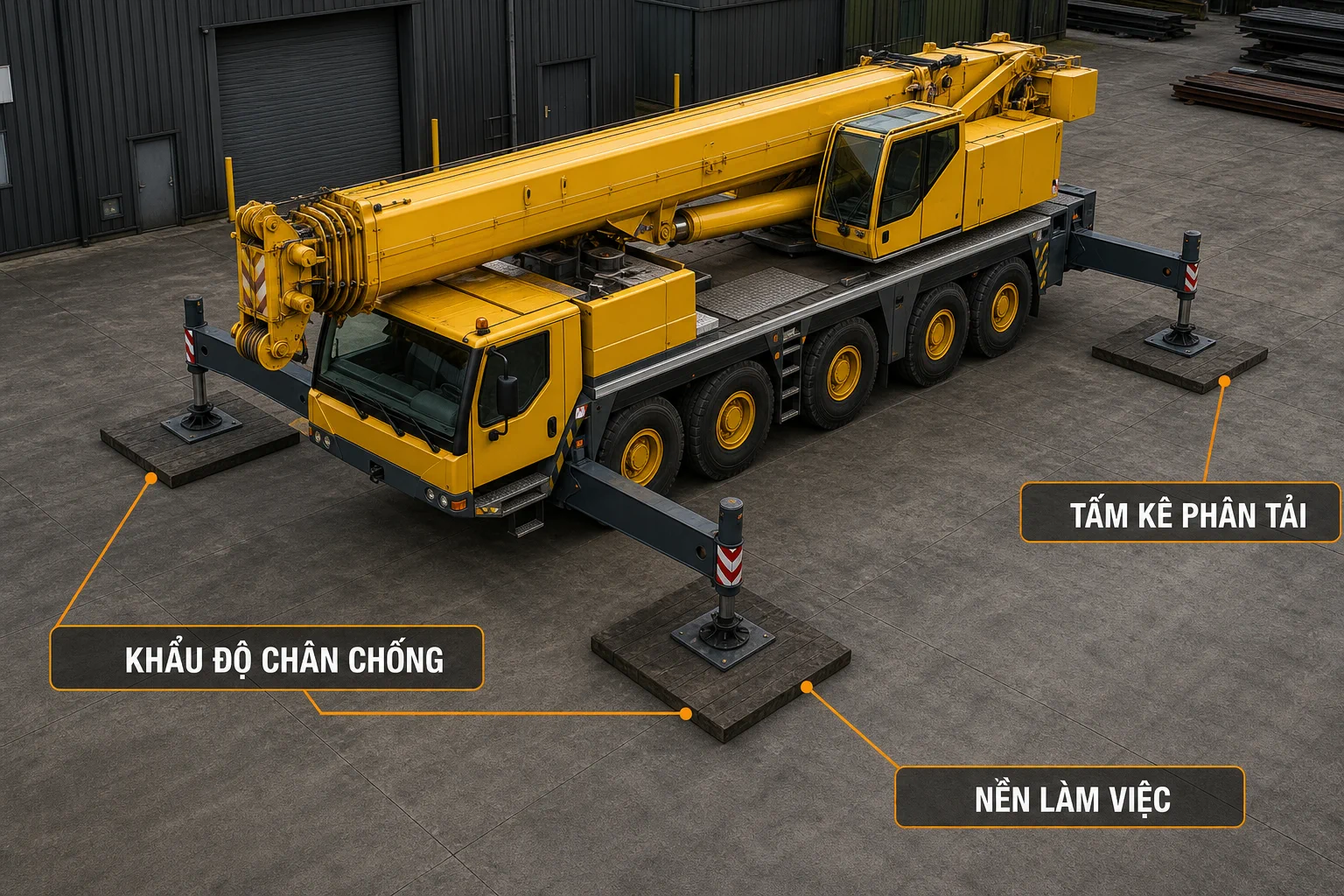 Khẩu độ chân chống, tấm kê phân tải và nền làm việc của xe cẩu bánh lốp