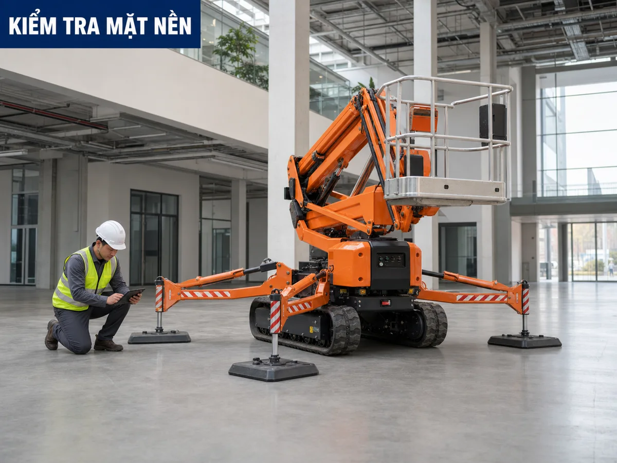 Kiểm tra mặt nền trước khi mở chân chống Kiểm tra mặt nền và chân chống xe nâng người chân nhện