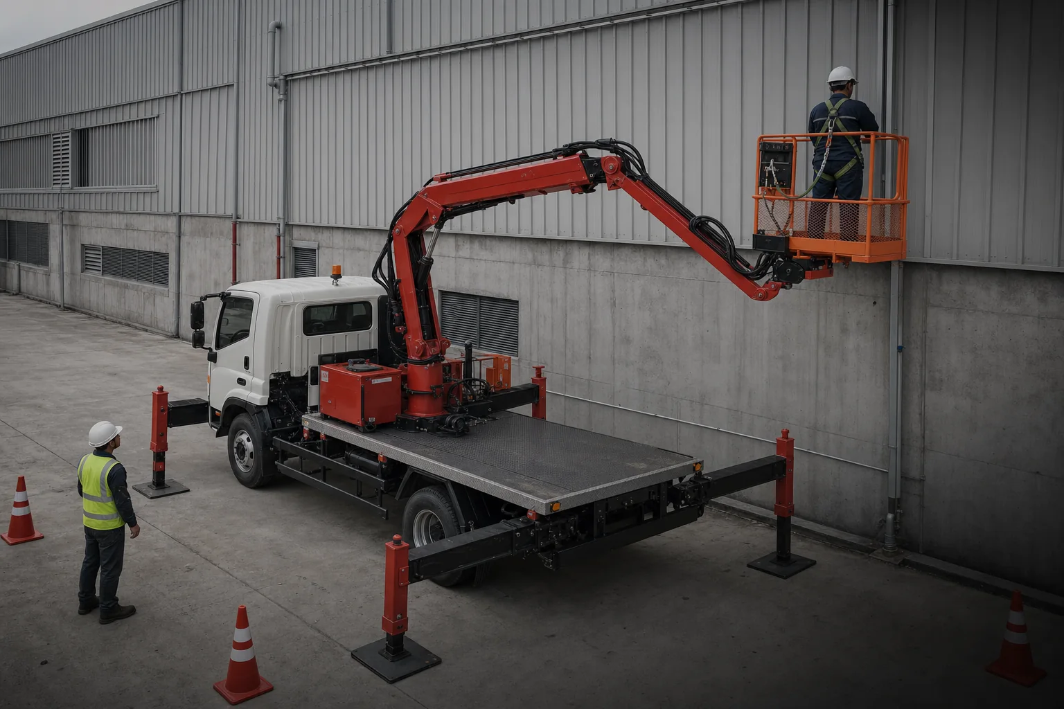 Chân chống xe tải cẩu gắn giỏ nâng người Chân chống xe tải cẩu gắn giỏ khi bảo trì nhà xưởng