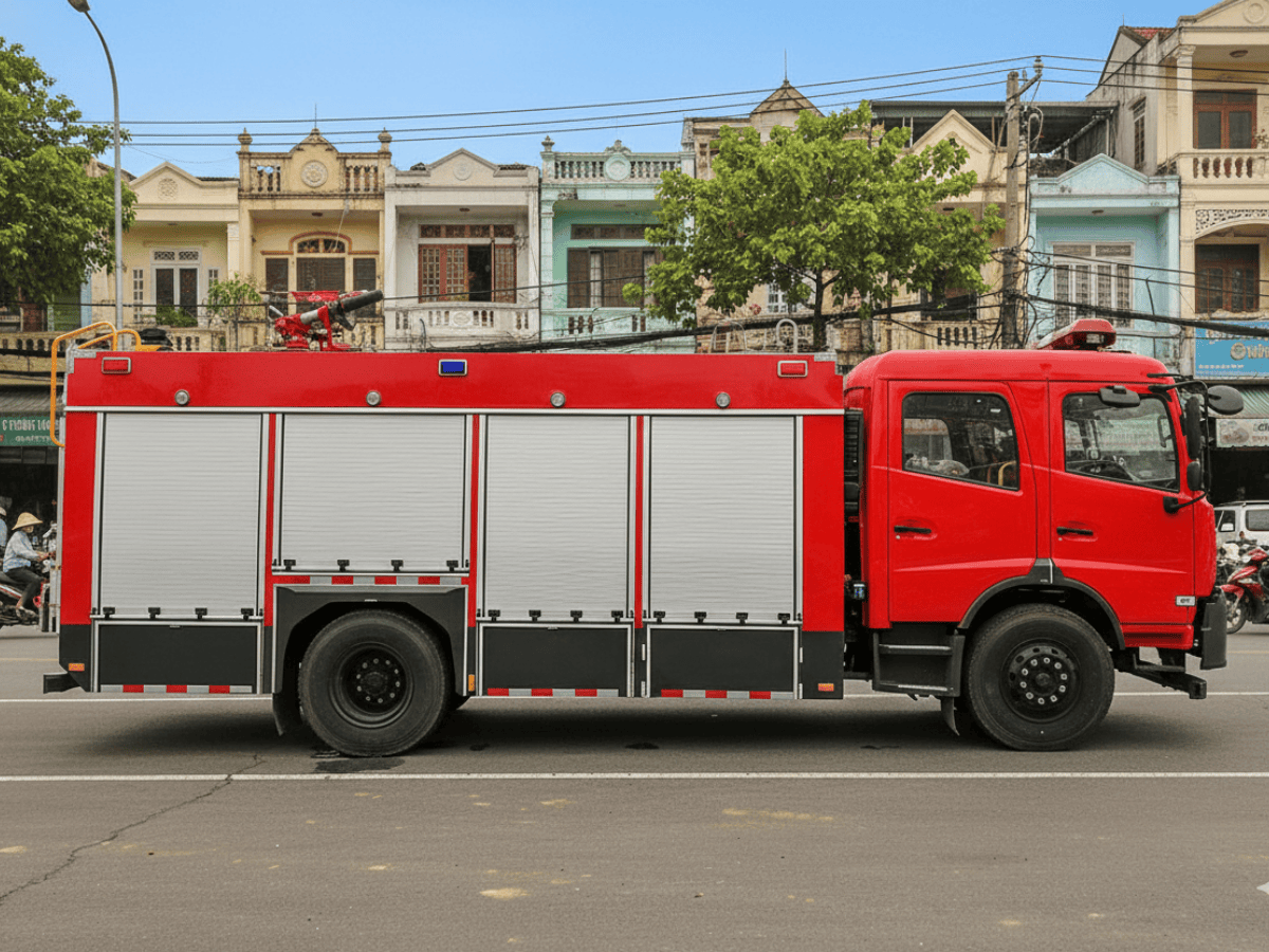 Chi tiết cabin kép và thân xe chuyên dụng của xe chữa cháy Dongfeng 9m3, được thiết kế tối ưu cho đội hình 6 người.