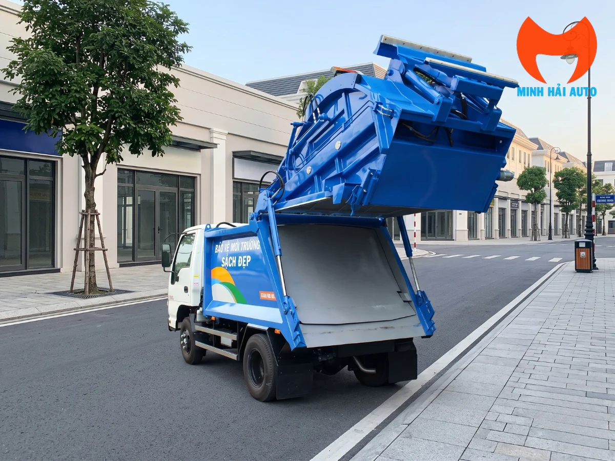Cụm đuôi xe ép rác Isuzu ở trạng thái mở