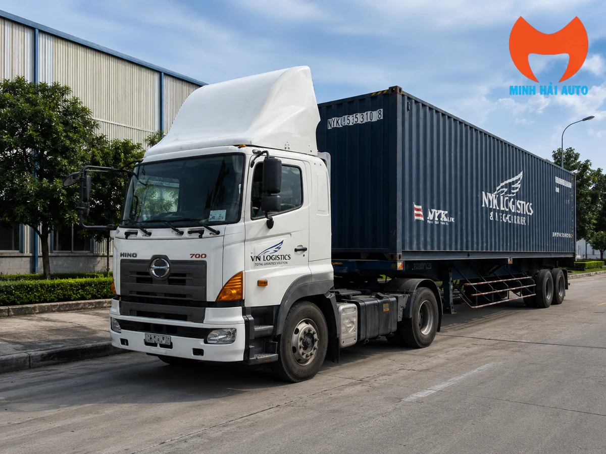 Đầu kéo Hino 700 kéo container tại bãi logistics