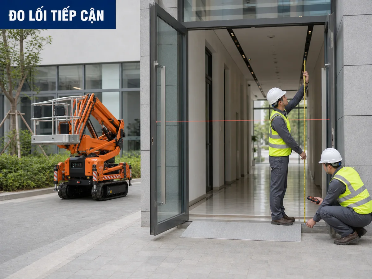 Kỹ thuật viên đo lối tiếp cận cho xe nâng người chân nhện