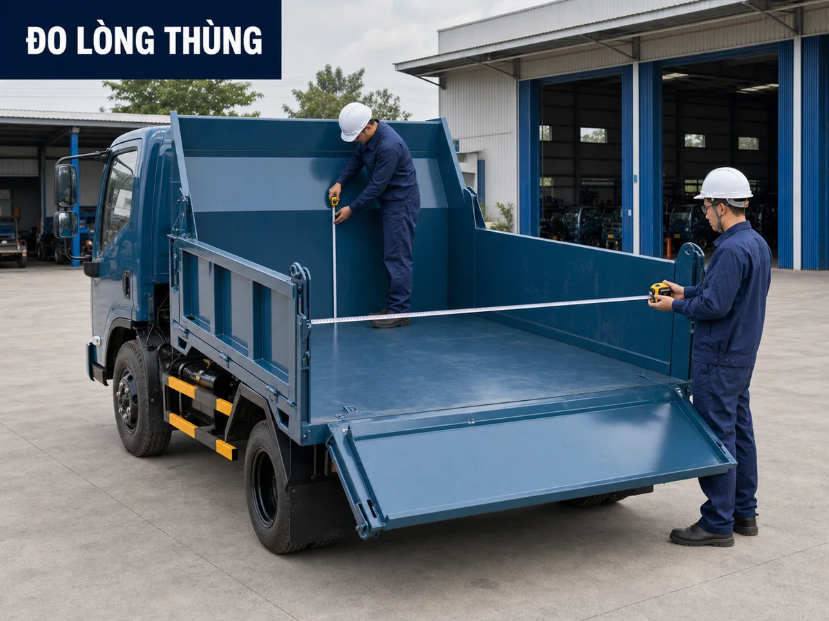 Đo lòng thùng xe ben tự đổ Hoa Mai Kỹ thuật viên đo lòng thùng xe ben tự đổ Hoa Mai