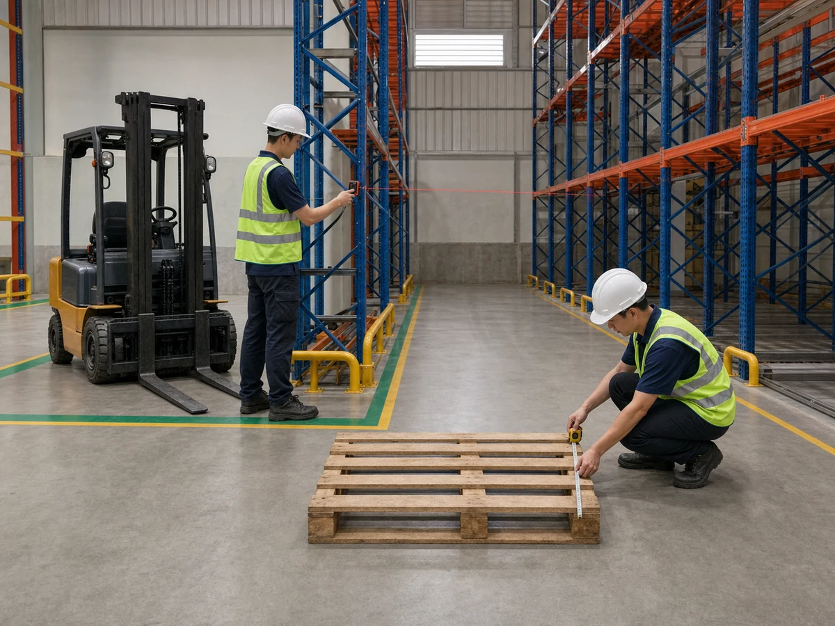 Nhân viên đo pallet và khoảng cách giữa hai mặt kệ kho