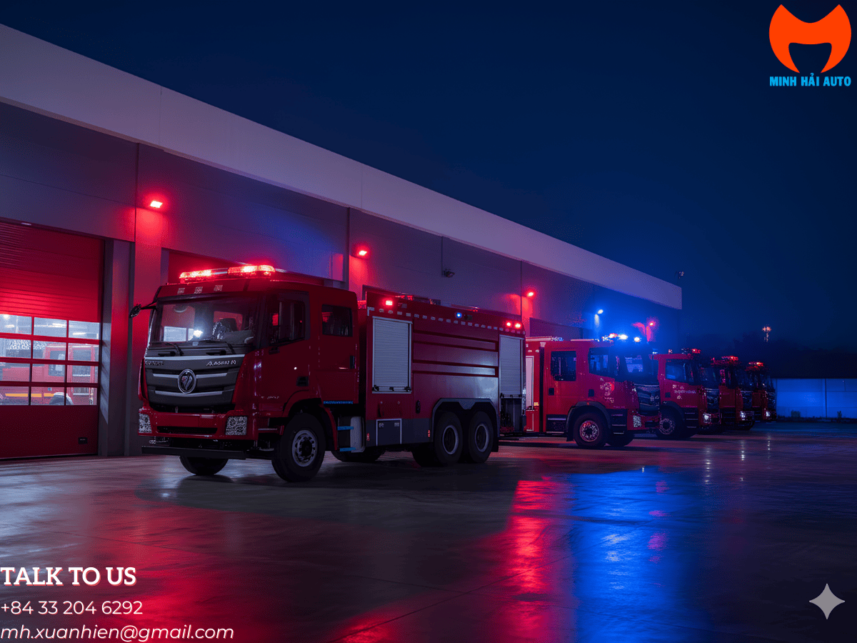 Đội xe chữa cháy Foton Auman 12000L xếp hàng tại sân trạm cứu hỏa hiện đại dưới ánh nắng ban ngày.