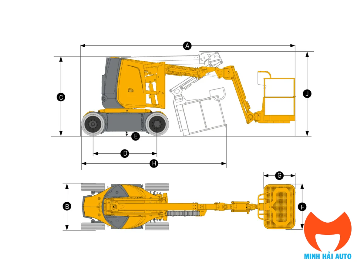 Sơ đồ kích thước Haulotte HA12 CJ+ thu gọn và vận chuyển