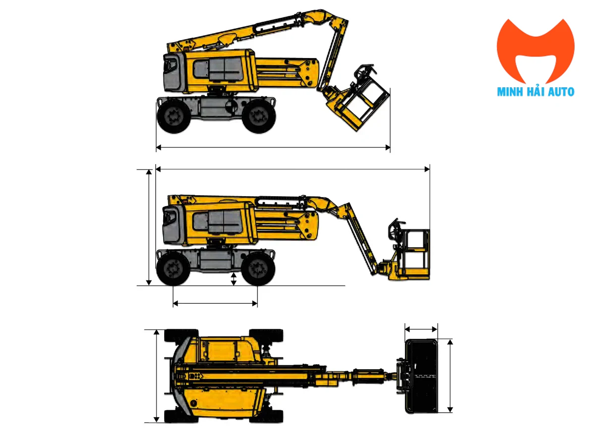 Hình chiếu kích thước Haulotte HA16 E khi thu gọn và vận chuyển