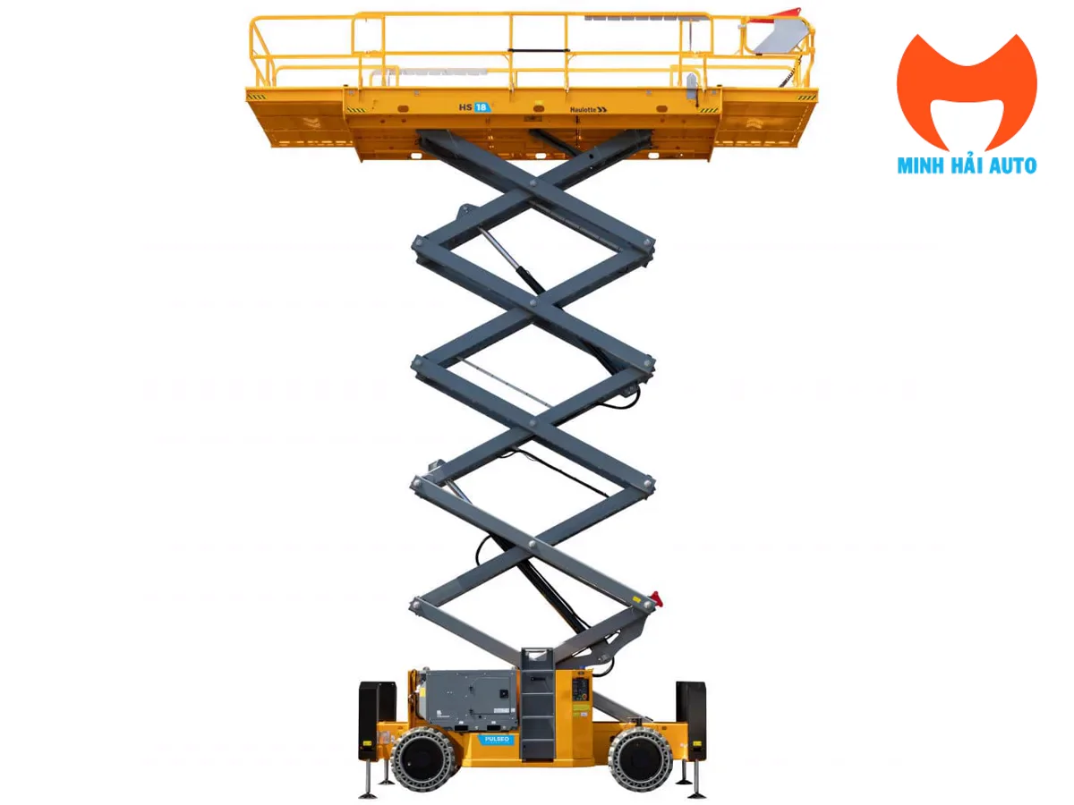 Xe nâng người cắt kéo Haulotte HS18 E nâng sàn trên nền trắng