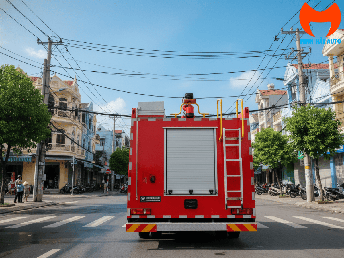 Hệ thống bơm và súng phun cao áp phía sau xe cứu hỏa Dongfeng 9 khối, đảm bảo hiệu suất dập lửa mạnh mẽ.