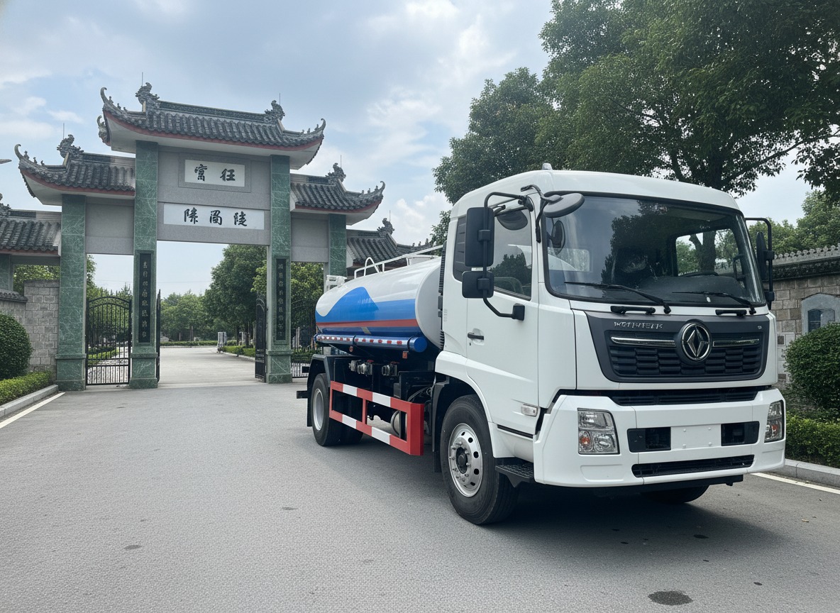 Hệ thống phun nước trước sau xe tec 13 khối đang làm việc trên đường.