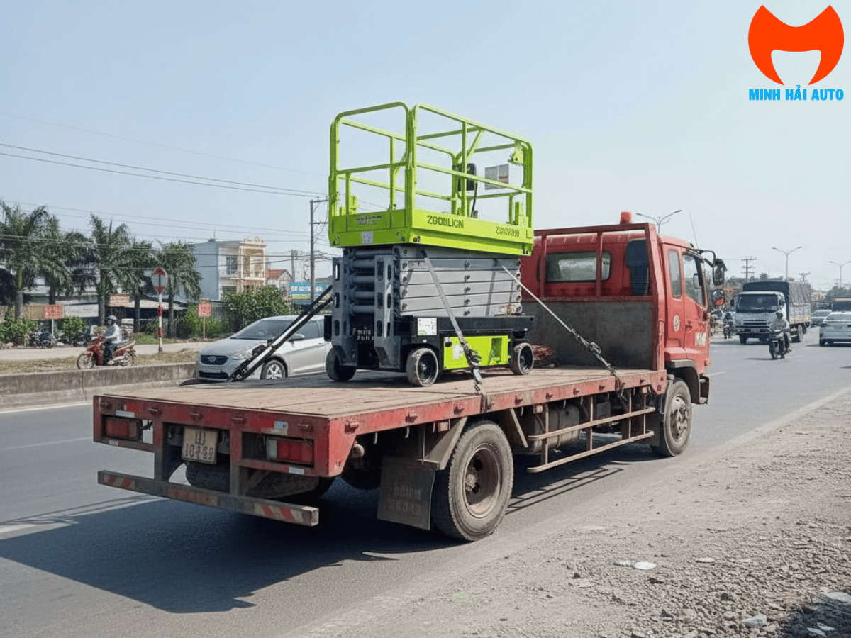 Hình ảnh so sánh sự khác biệt giữa xe nâng cắt kéo (chỉ lên thẳng, sàn rộng) và xe boom lift (có cần vươn xa) tại một kho hàng.