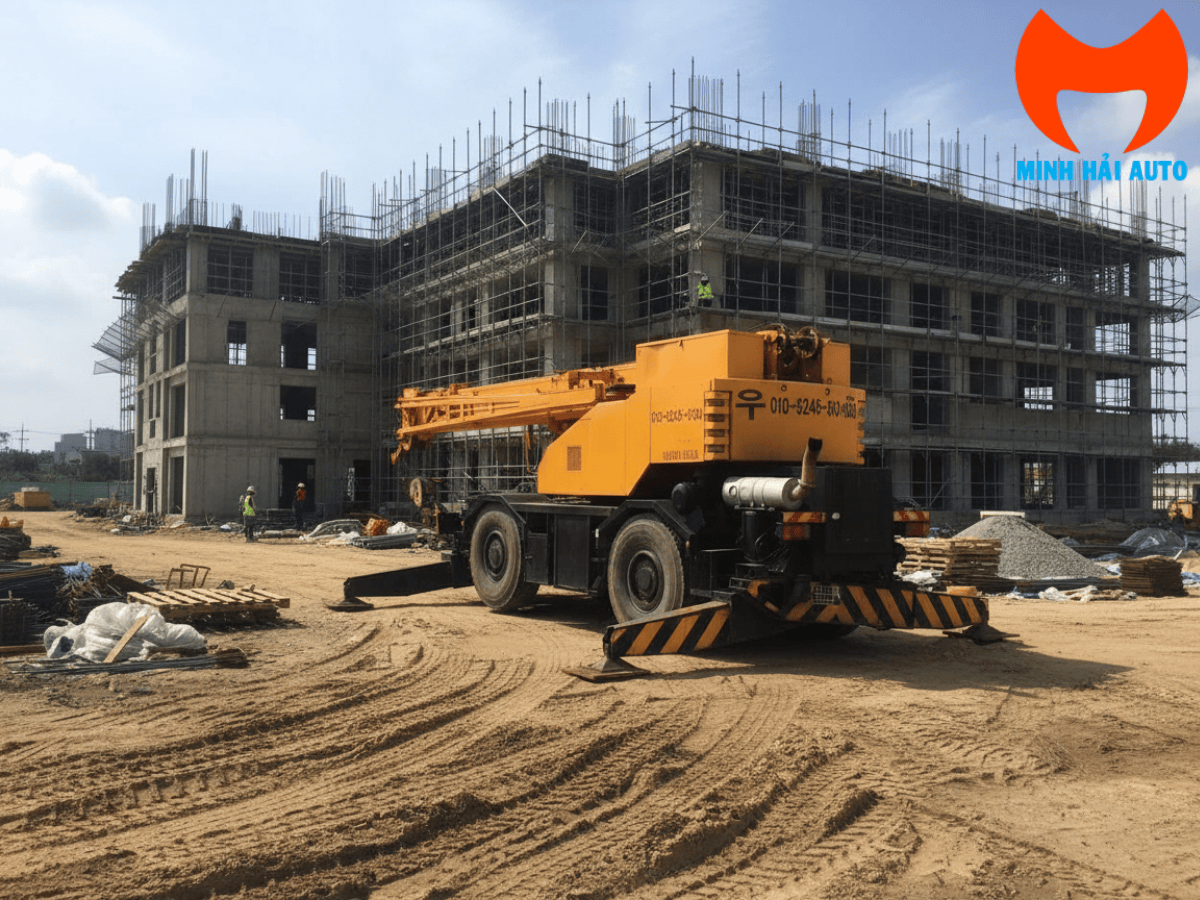 Hình ảnh xe cẩu bánh lốp cũ Kato KR25H 25 tấn đời 2000 màu vàng đang vươn cần tại bãi.