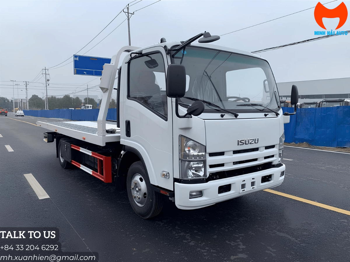 Hình ảnh xe cứu hộ sàn trượt màu trắng, với sàn phẳng tải trọng 3 tấn và càng kéo underlift phía sau, sẵn sàng vận chuyển ô tô.