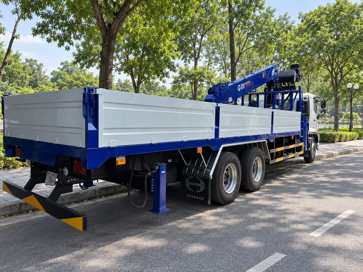 Xe Hino thùng lửng trắng gắn cẩu Dongyang màu xanh nhìn từ phía sau bên phải