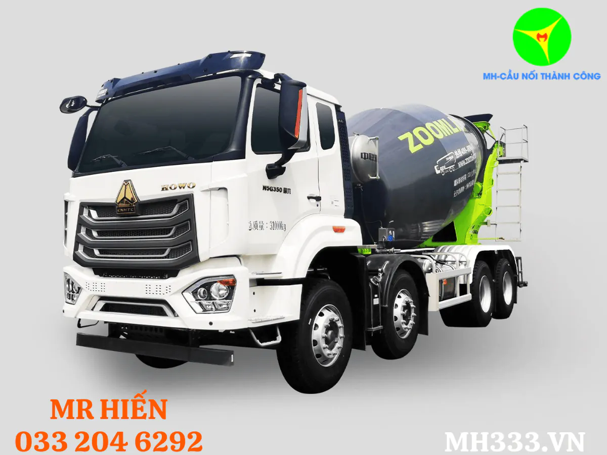 Xe trộn bê tông Howo bốn trục nhìn chéo từ phía trước