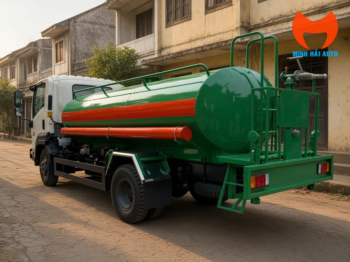 Phía sau xe bồn nước nền Isuzu với bồn xanh dải đỏ, sàn thao tác và cụm phun phía sau
