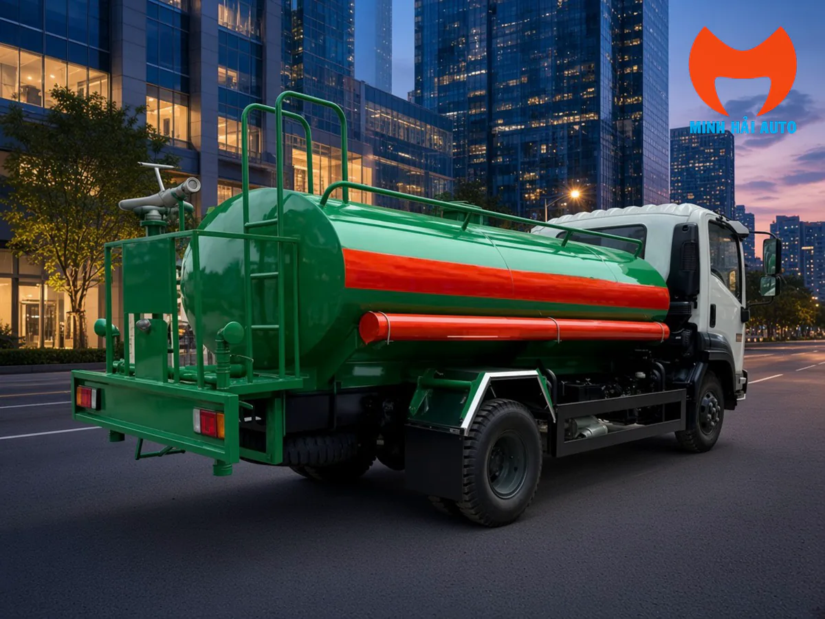 Xe bồn phun nước Isuzu nhìn từ góc sau bên phải, có thang lên bồn và đường ống bên hông