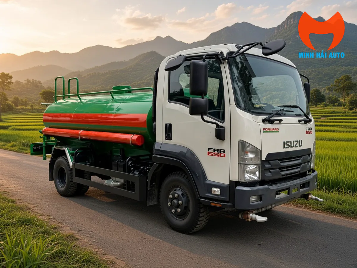 Xe phun nước Isuzu FRR cabin trắng và bồn xanh có dải đỏ, nhìn từ góc trước bên phải
