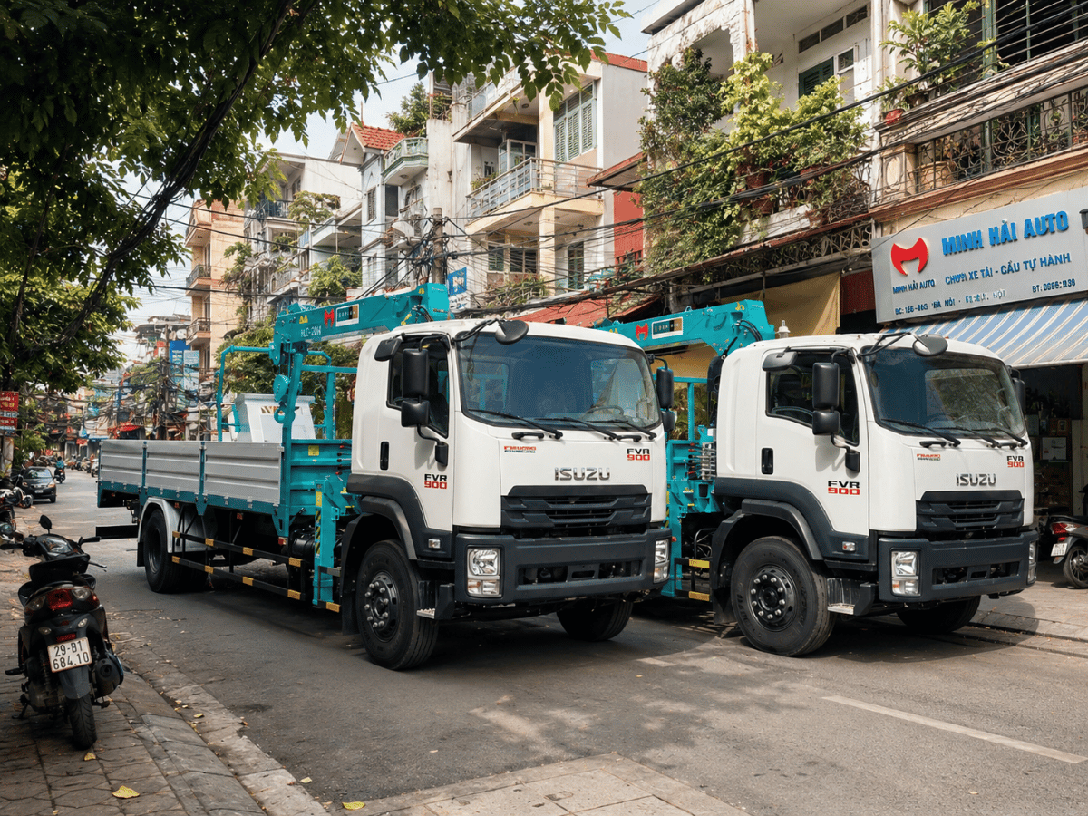 Isuzu FVR 900 và cẩu Hyundai HLC-5014 tại showroom Minh Hải