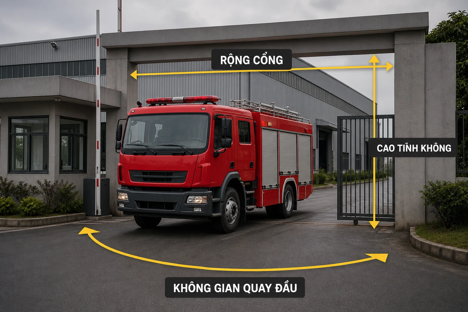 Khảo sát lối vào trước khi mua xe cứu hỏa Khảo sát rộng cổng, cao tĩnh không và không gian quay đầu cho xe cứu hỏa