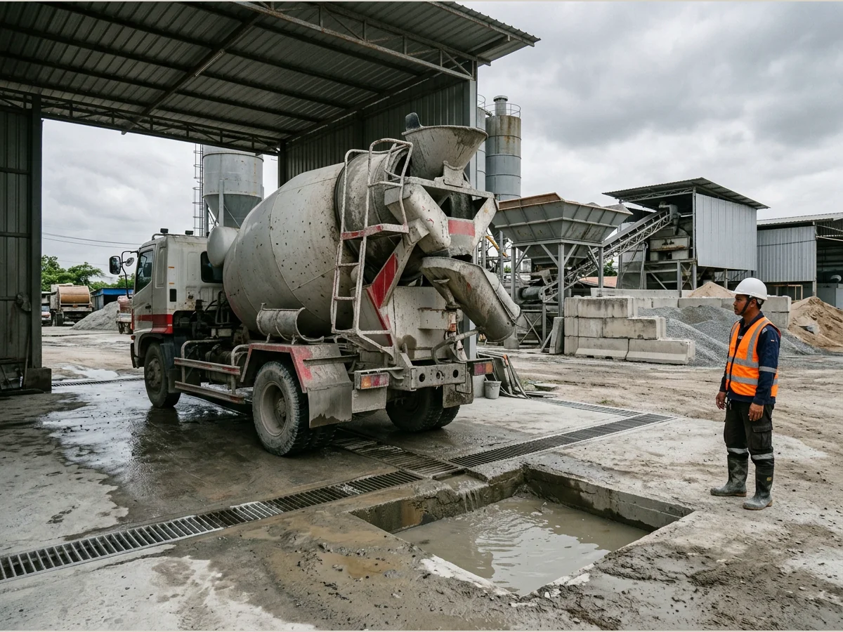 Khu vực vệ sinh xe trộn bê tông có thu gom nước rửa
