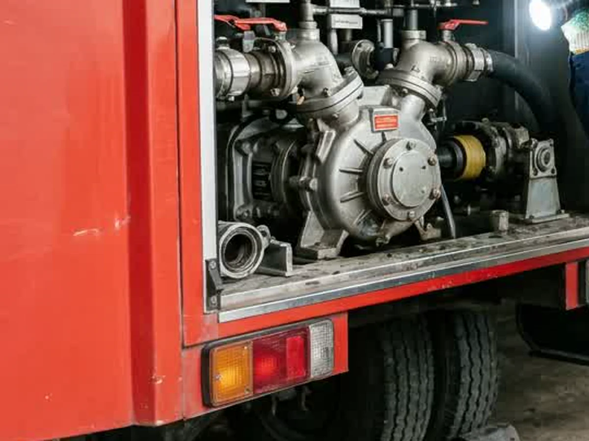 Kỹ thuật viên kiểm tra cụm bơm và truyền động xe chữa cháy