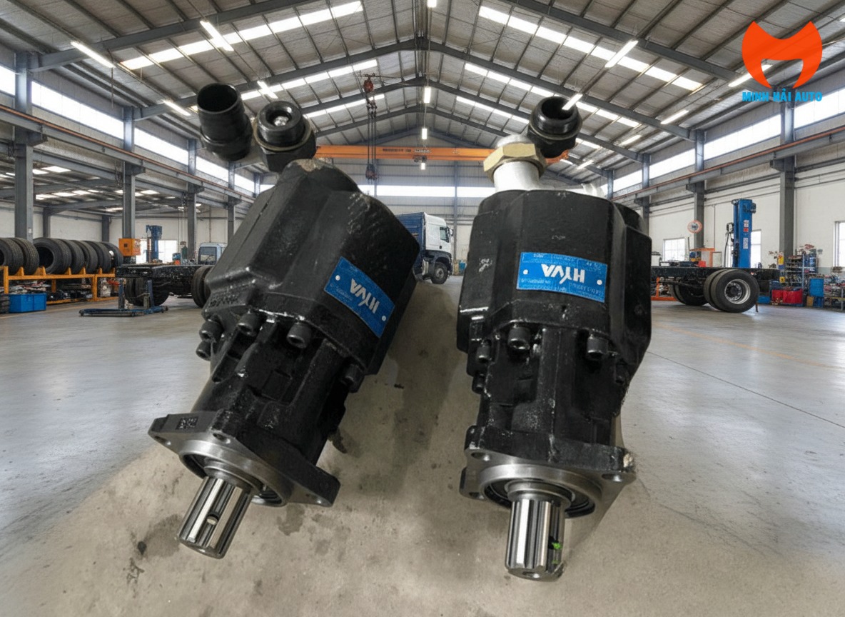 Kỹ thuật viên đang lắp đặt bơm thủy lực Hyva xe ben tại xưởng Minh Hải Auto.