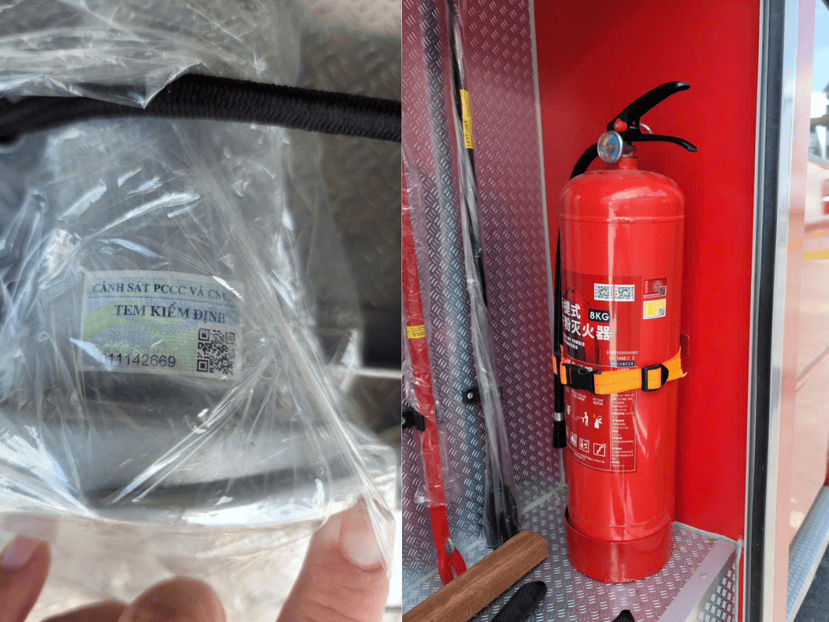 Kỹ thuật viên đo lường áp suất và lưu lượng hệ thống bơm nước xe chữa cháy trong quá trình thử nghiệm