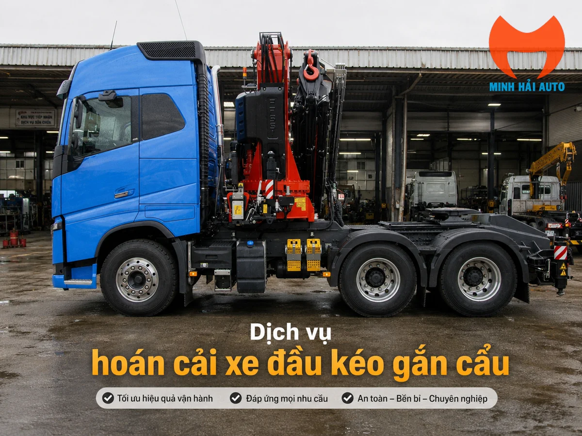 Kỹ thuật viên lắp cẩu màu đỏ lên khung gầm xe