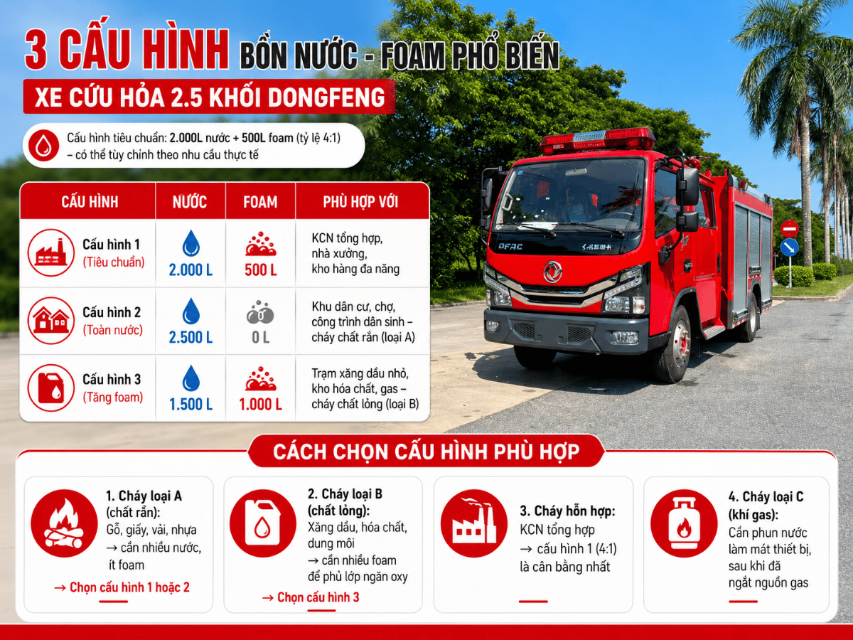 mặt cắt 3 cấu hình bồn xe cứu hỏa 2.5 khối 2000L+500L, toàn nước 2500L, 1500L+1000L