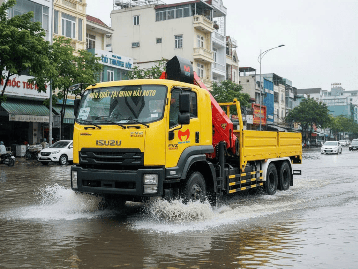 Một chiếc xe tải gắn cẩu gập khúc robot Palfinger đang nâng vật liệu xây dựng trong không gian hẹp, thể hiện sự linh hoạt của dòng cẩu này.