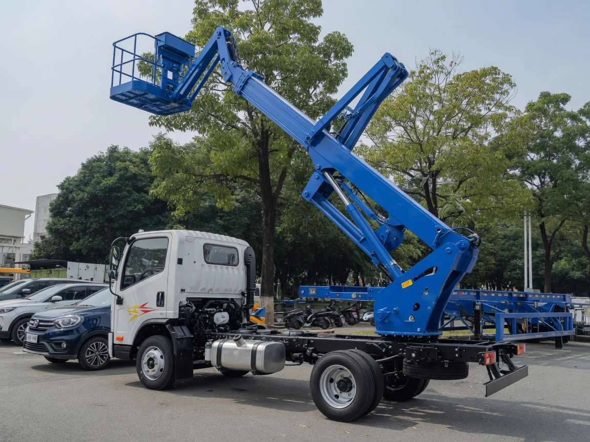 Góc bên ô tô nâng người XCMG GKS15, cabin và chân chống