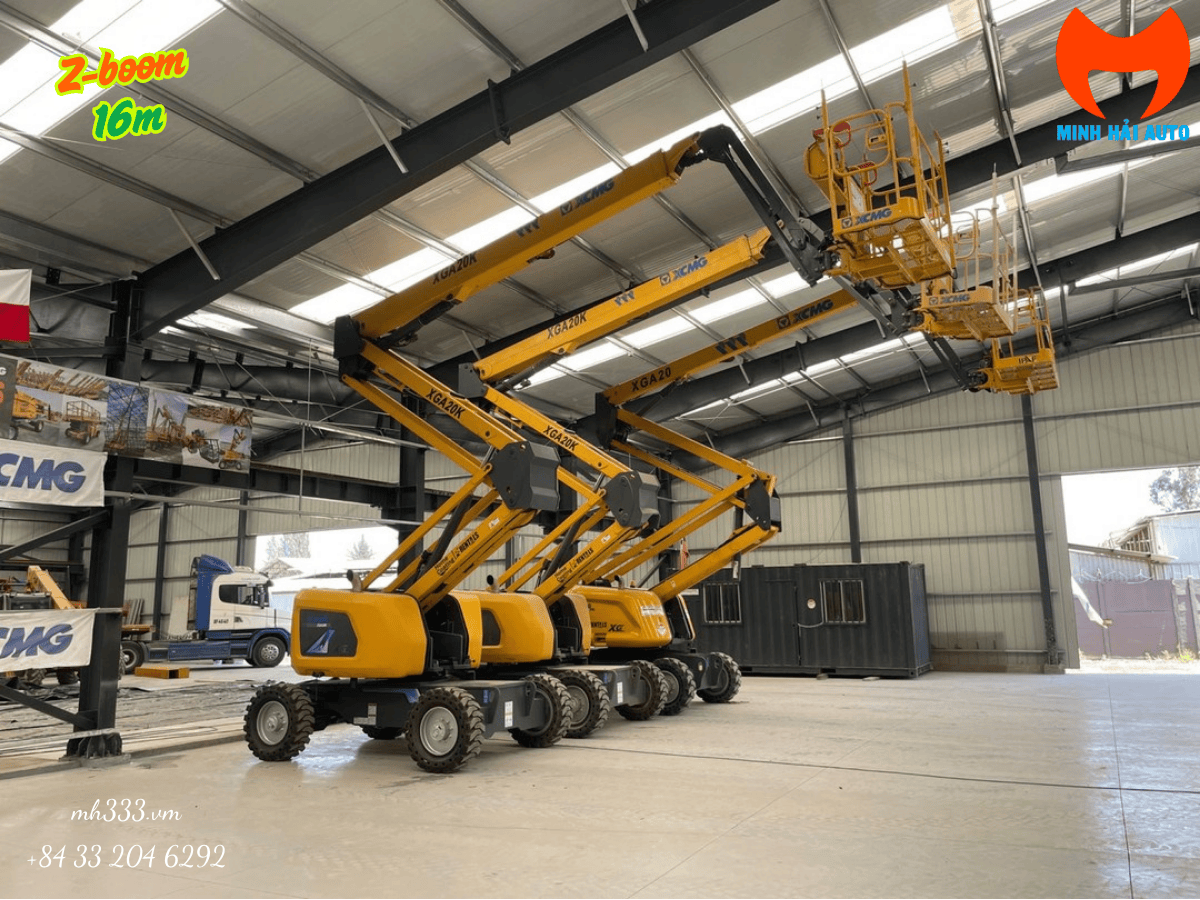 Sơ đồ so sánh tầm với của xe nâng người 16m dạng khớp gập, ống lồng và cắt kéo.