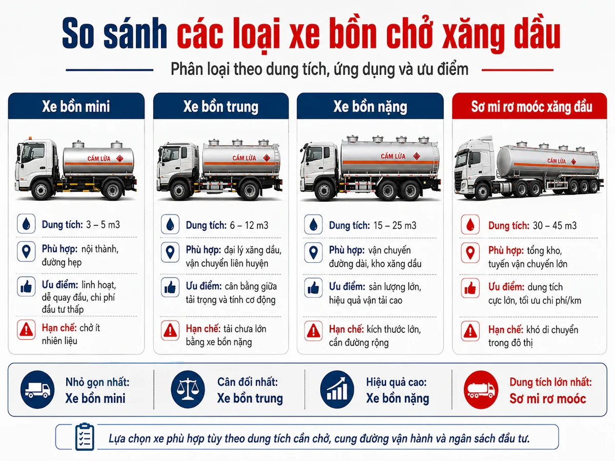 So sánh các loại xe bồn chở xăng dầu theo dung tích