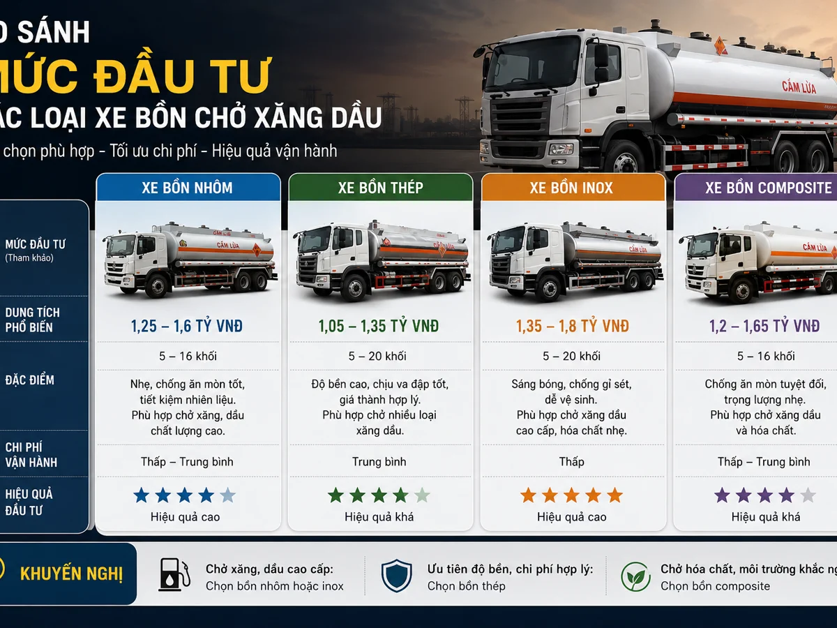 So sánh mức đầu tư xe bồn xăng dầu theo vật liệu bồn