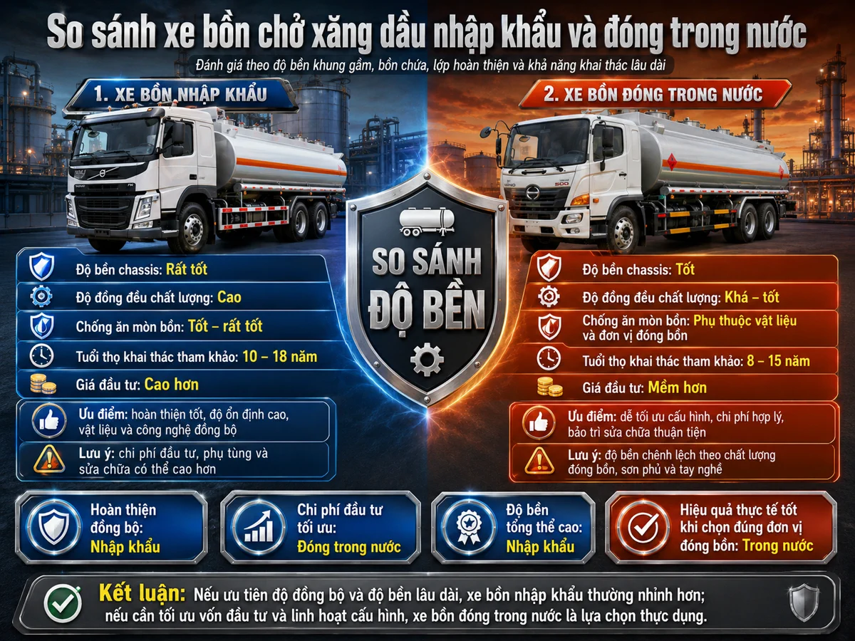 So sánh xe bồn xăng dầu nhập khẩu và đóng trong nước