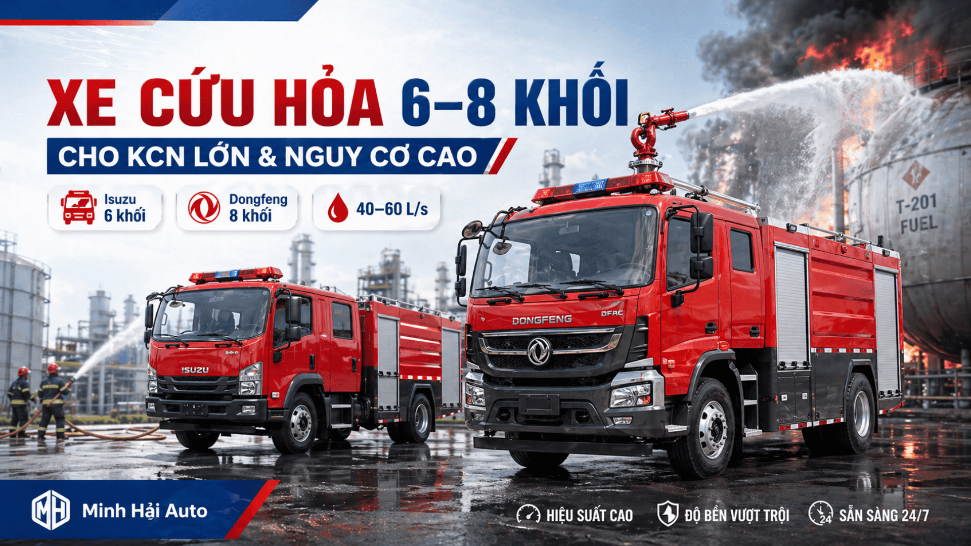 So sánh xe cứu hỏa 5 khối Hino, Isuzu và Dongfeng cho KCN trên 300ha