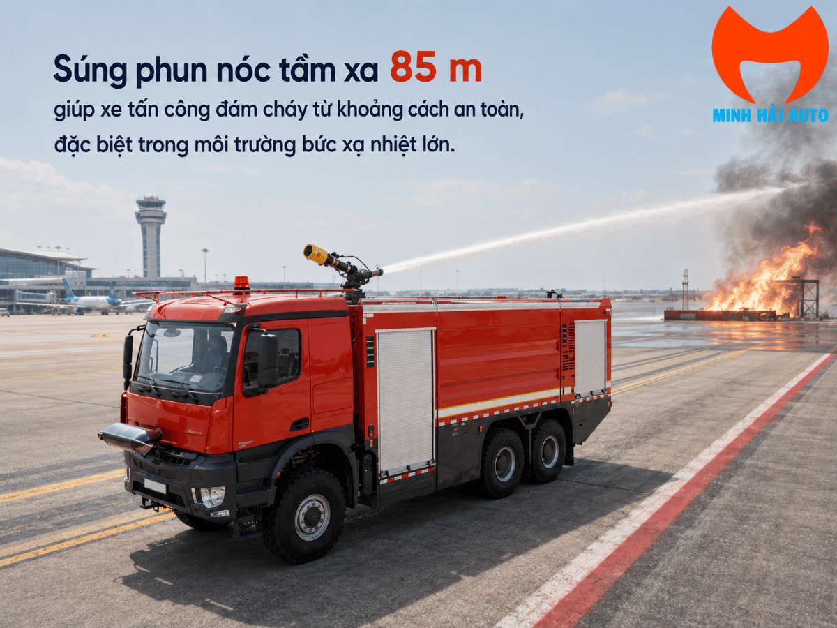 Súng phun nóc xe chữa cháy Mercedes-Benz 6x6 tầm xa 85m