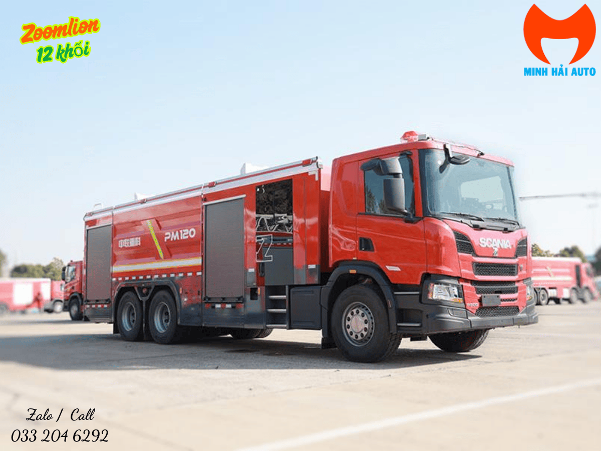 Toàn cảnh xe cứu hỏa chữa cháy 12 khối Zoomlion ZLF5291GXFPM120 mạnh mẽ, hiện đại.