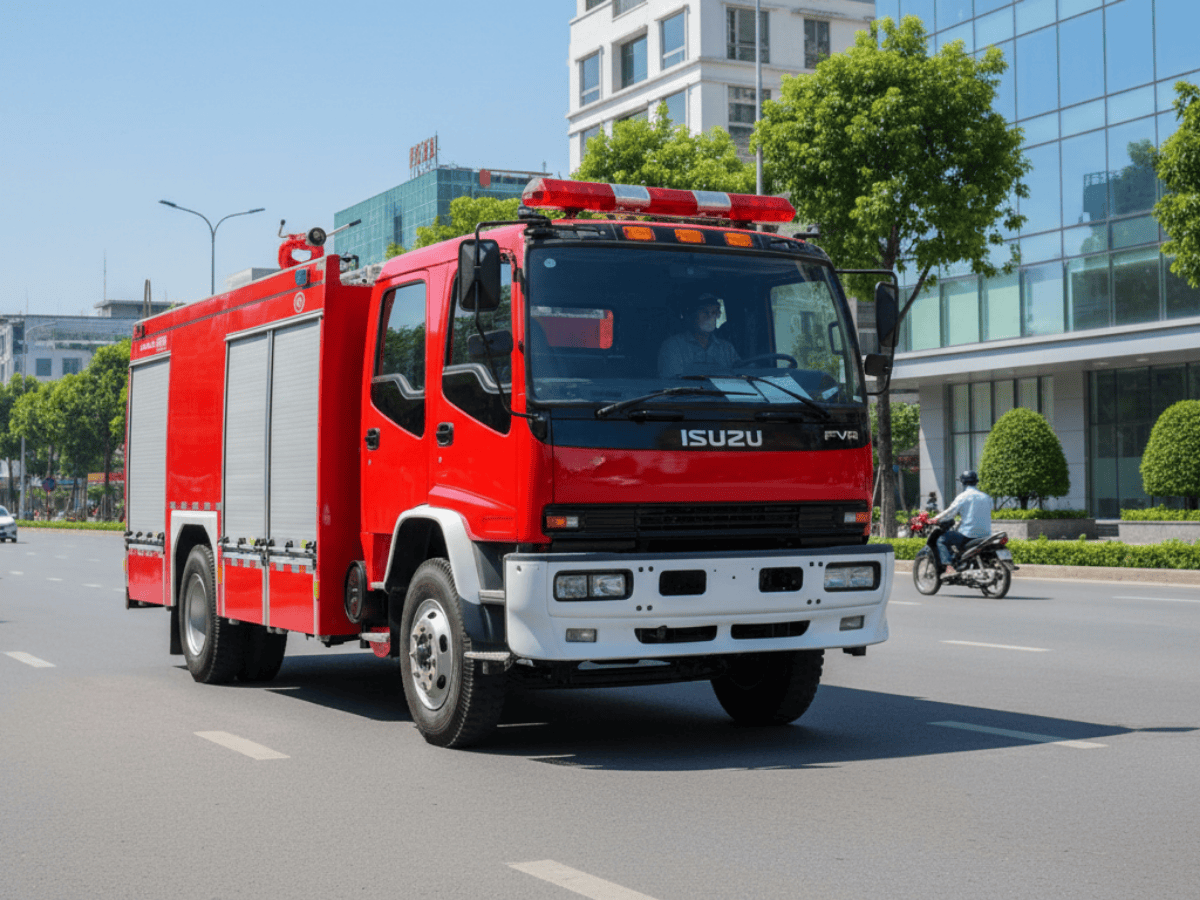 Toàn cảnh xe cứu hỏa Isuzu 6 khối màu đỏ đang vận hành