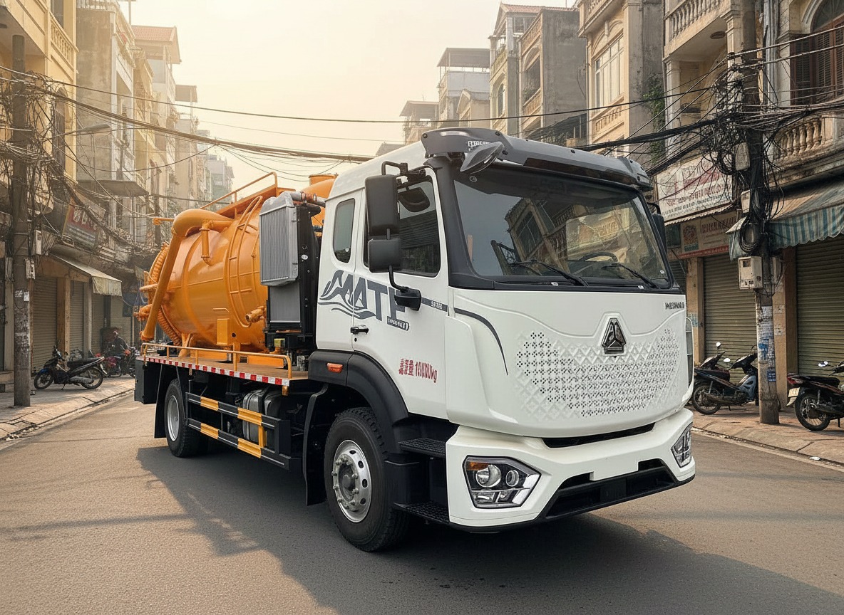 Toàn cảnh xe hút bể phốt Howo 8 khối Euro 5 đời mới 2025 do Minh Hải Auto phân phối