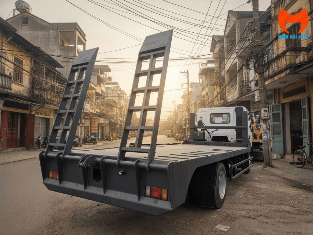 Toàn cảnh xe phooc nâng đầu Chenglong L3 Euro 5 chở máy công trình.