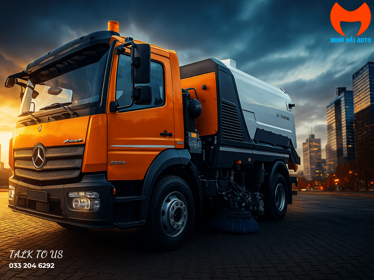 Toàn cảnh xe quét rác 15 khối Wagowy Mercedes-Benz Atego 1323 mới 100% với hệ thống quét chuyên dụng Schmidt do Minh Hải Auto phân phối.