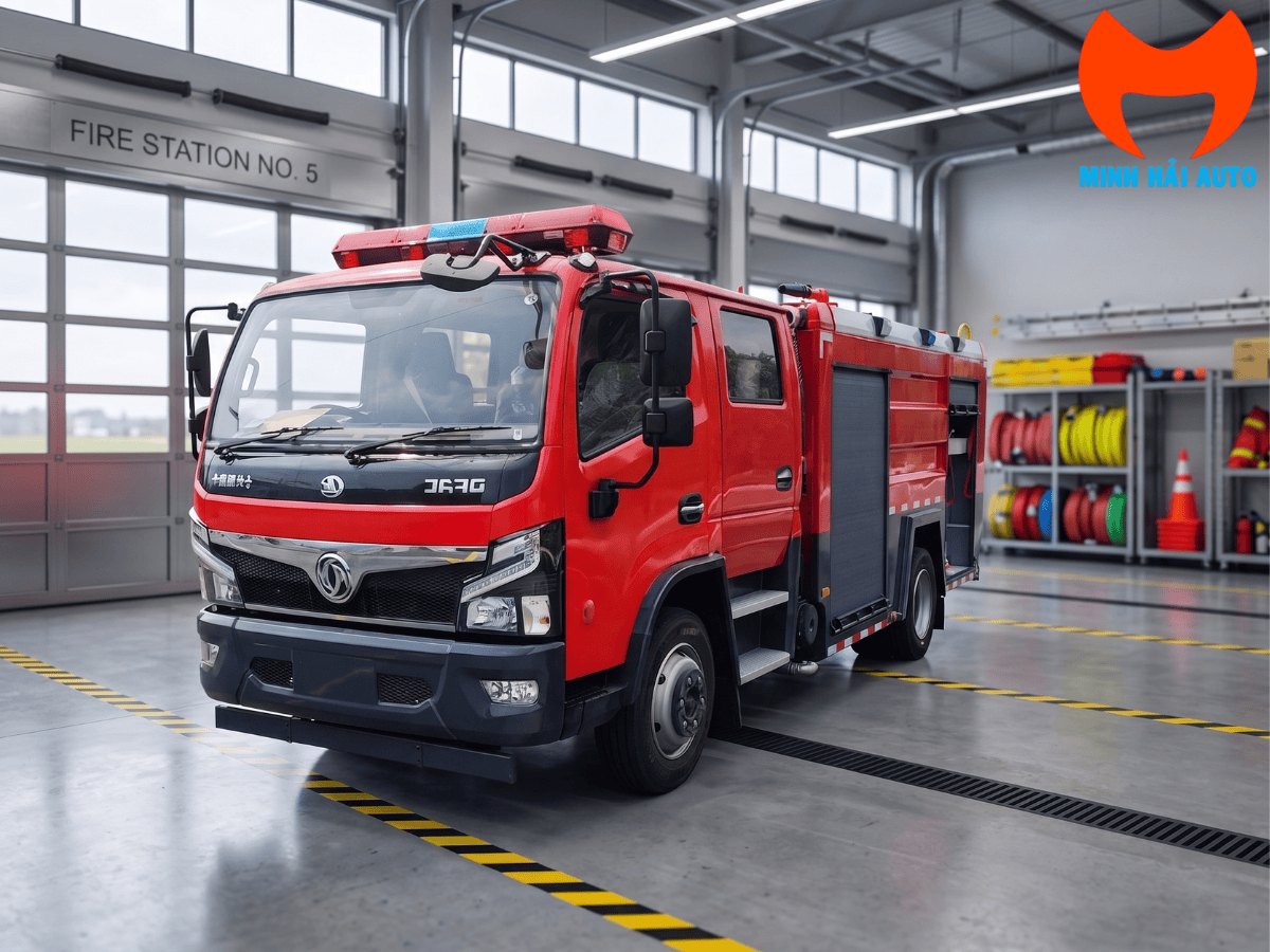 Toàn cảnh xe cứu hỏa cabin kép Dongfeng 5 khối đời mới 2026 do Minh Hải Auto phân phối.