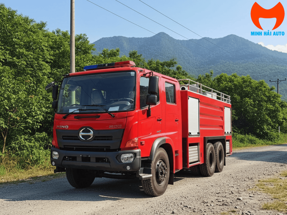 Tổng quan ngoại thất xe cứu hỏa 9 khối Hino FM cabin kép màu đỏ