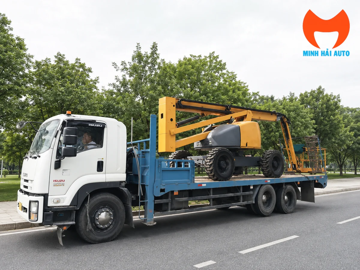 Xe nâng người 20m được vận chuyển bằng xe sàn đến công trường