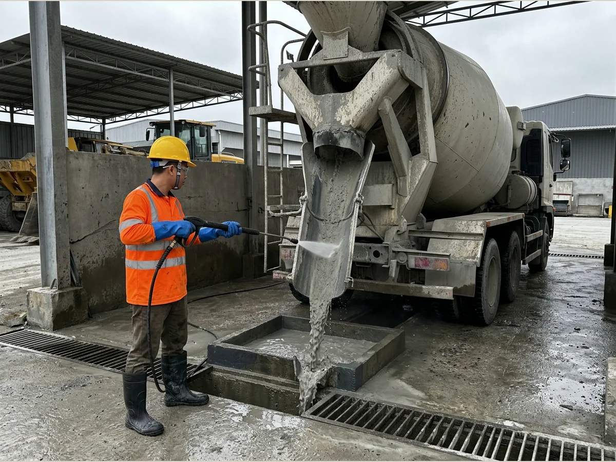 Vệ sinh máng xả xe trộn bê tông sau ca làm việc